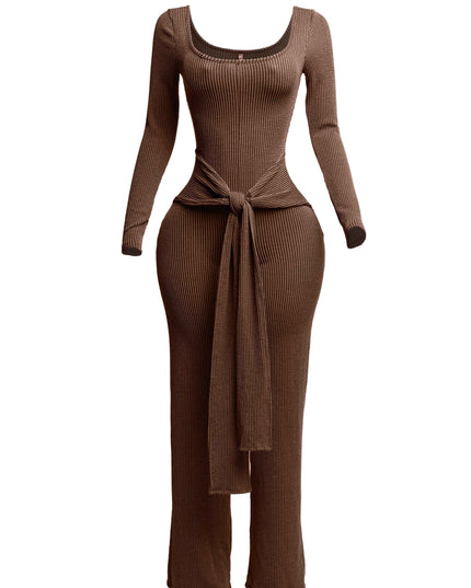 Ribbed long sleeve jumpsuit with front tie - Muvin 