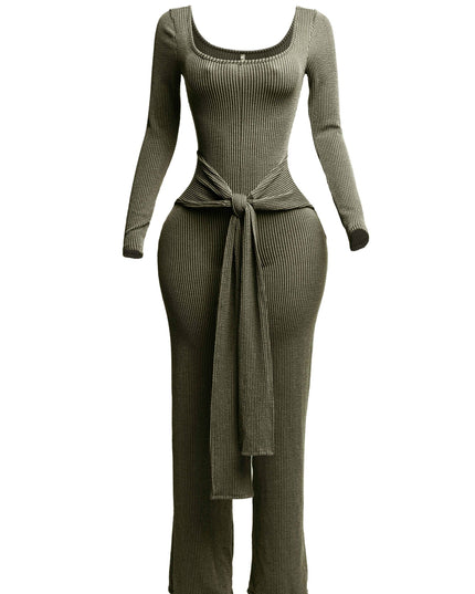 Ribbed long sleeve jumpsuit with front tie - Muvin 