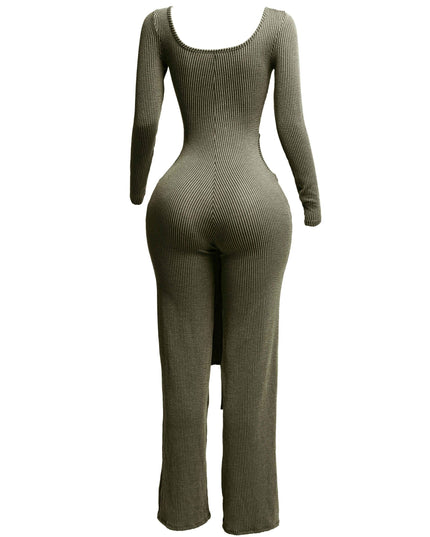 Ribbed long sleeve jumpsuit with front tie - Muvin 