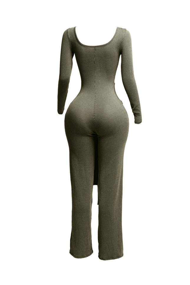 Ribbed long sleeve jumpsuit with front tie - Muvin 