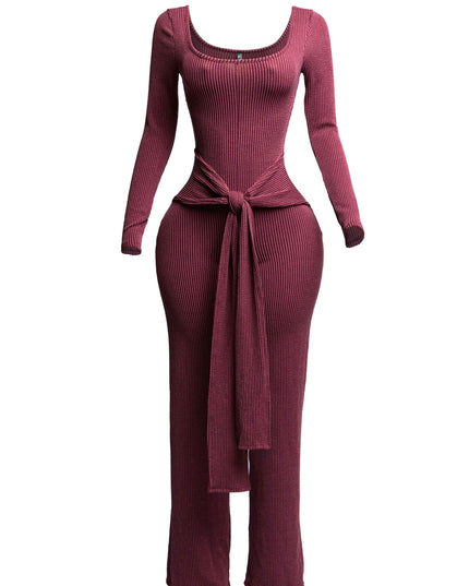 Ribbed long sleeve jumpsuit with front tie - Muvin 