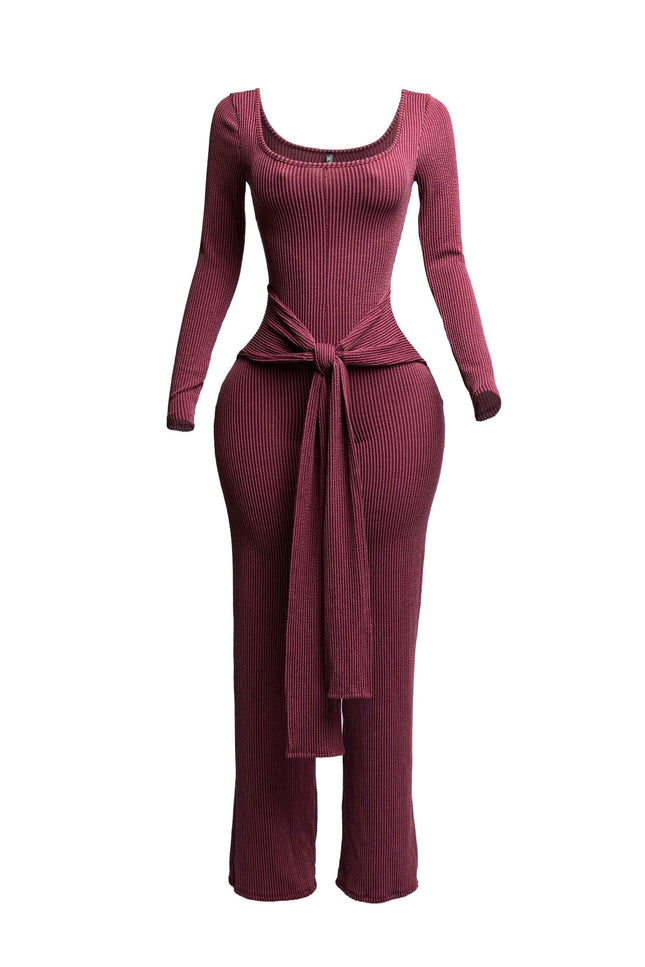 Ribbed long sleeve jumpsuit with front tie - Muvin 