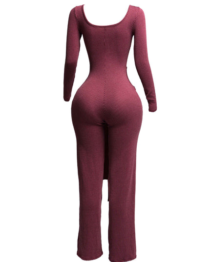 Ribbed long sleeve jumpsuit with front tie - Muvin 