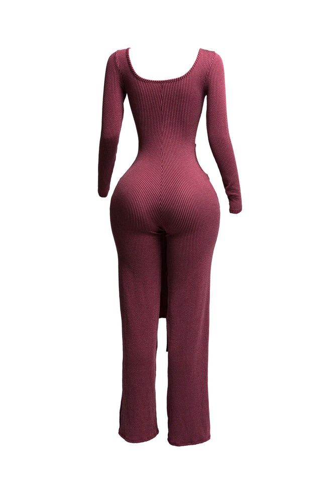Ribbed long sleeve jumpsuit with front tie - Muvin 