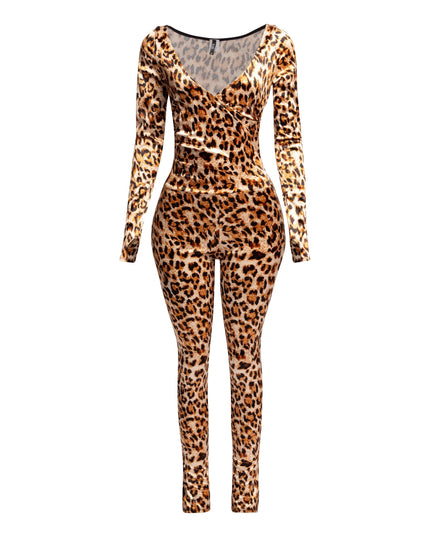 Leopard deep V neck long sleeve jumpsuit - Muvin 
