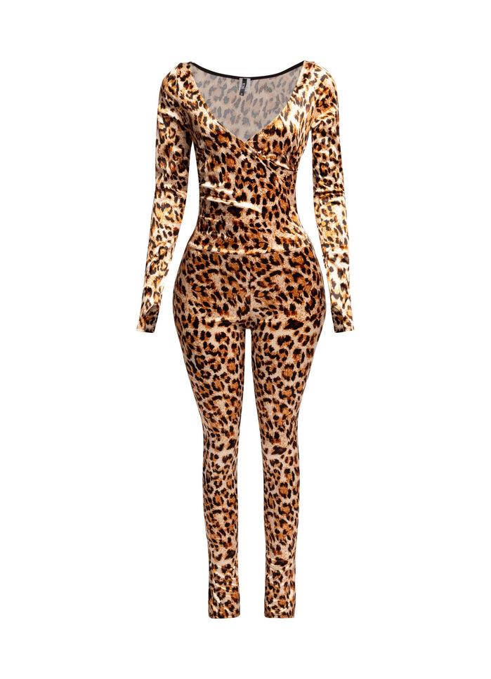 Leopard deep V neck long sleeve jumpsuit - Muvin 