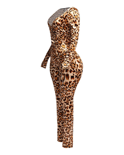 Leopard deep V neck long sleeve jumpsuit - Muvin 