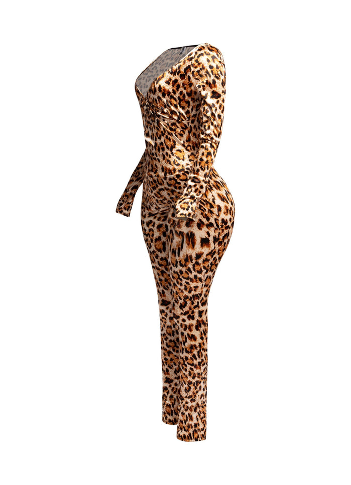 Leopard deep V neck long sleeve jumpsuit - Muvin 
