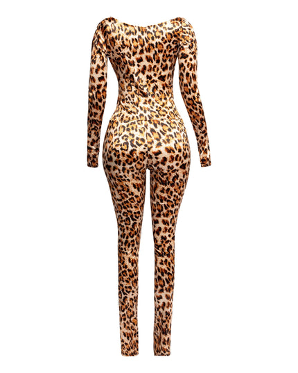Leopard deep V neck long sleeve jumpsuit - Muvin 
