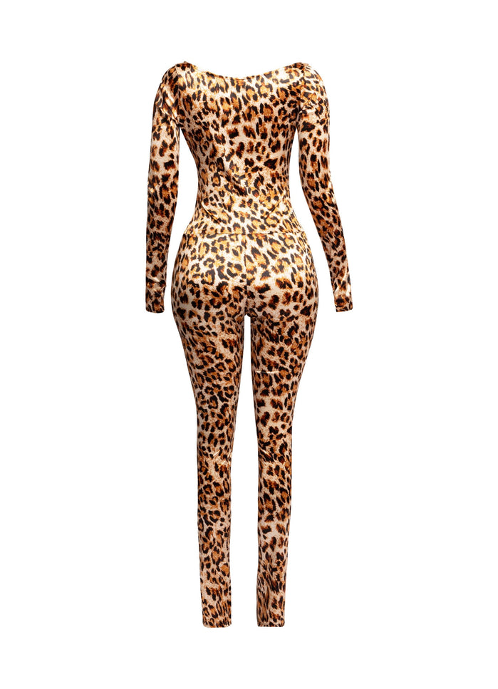 Leopard deep V neck long sleeve jumpsuit - Muvin 
