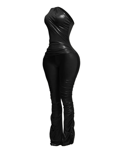 Asymmetrical PU Flared Jumpsuit - Muvin 