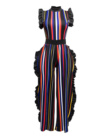 Color Striped Jumpsuit with ruffle - Muvin 