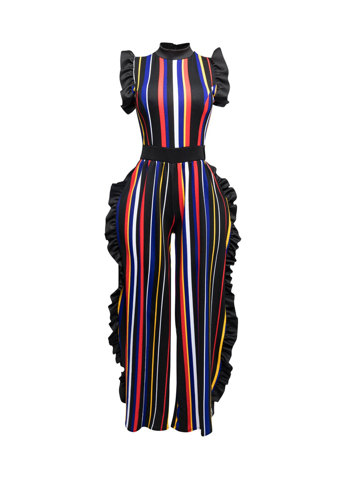 Color Striped Jumpsuit with ruffle - Muvin 