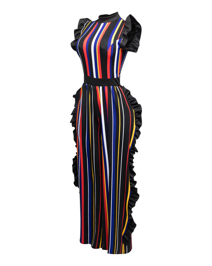 Color Striped Jumpsuit with ruffle - Muvin 