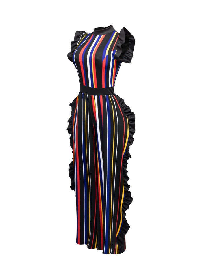 Color Striped Jumpsuit with ruffle - Muvin 