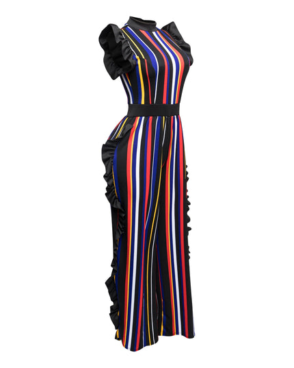 Color Striped Jumpsuit with ruffle - Muvin 