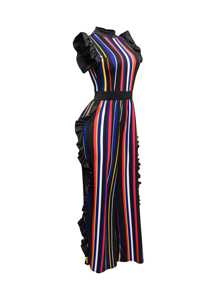Color Striped Jumpsuit with ruffle - Muvin 