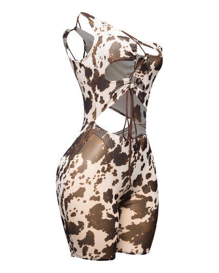 Printed mesh lace up romper - Muvin 