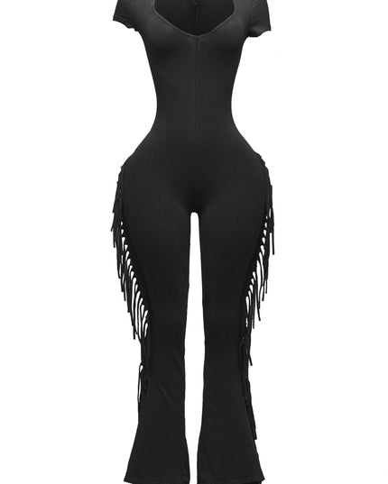Mineral washed fringed jumpsuit. - Muvin 