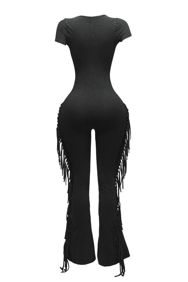 Mineral washed fringed jumpsuit. - Muvin 