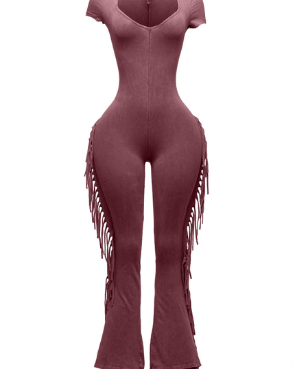 Mineral washed fringed jumpsuit. - Muvin 