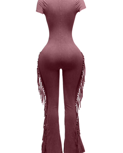 Mineral washed fringed jumpsuit. - Muvin 