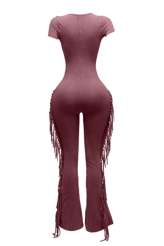 Mineral washed fringed jumpsuit. - Muvin 