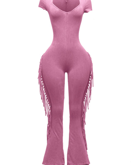 Mineral washed fringed jumpsuit. - Muvin 