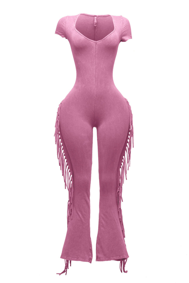 Mineral washed fringed jumpsuit. - Muvin 