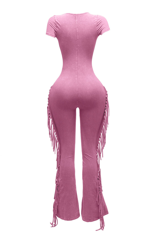 Mineral washed fringed jumpsuit. - Muvin 