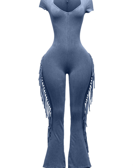 Mineral washed fringed jumpsuit. - Muvin 