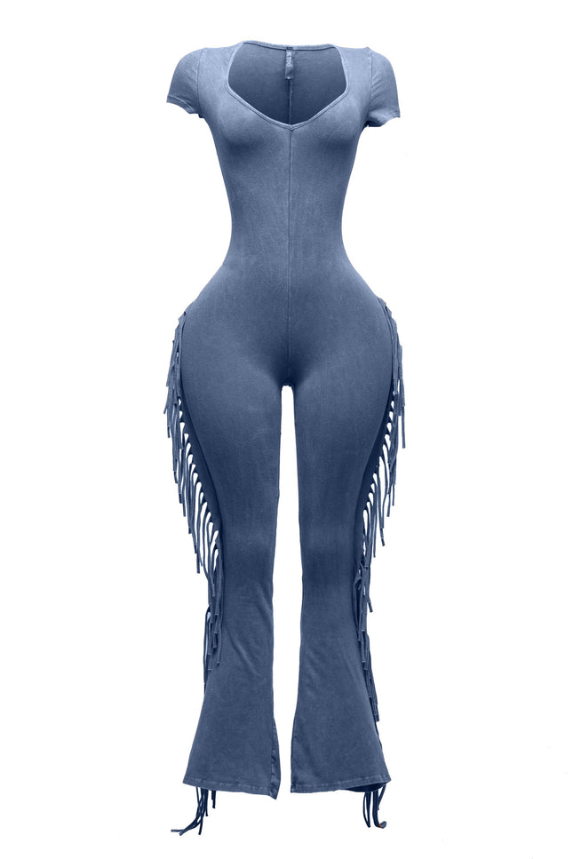 Mineral washed fringed jumpsuit. - Muvin 