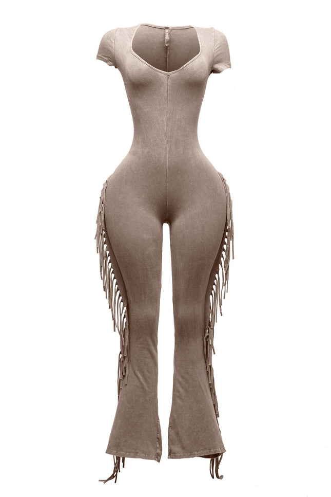 Mineral washed fringed jumpsuit. - Muvin 