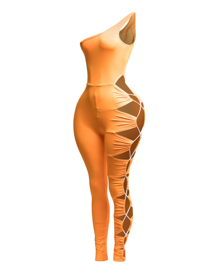 Asymmetric Shoulder Cut Out Jumpsuit - Muvin 