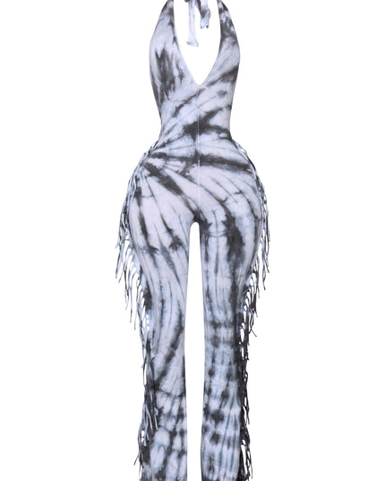 Tie dye fringed halter jumpsuit - Muvin 