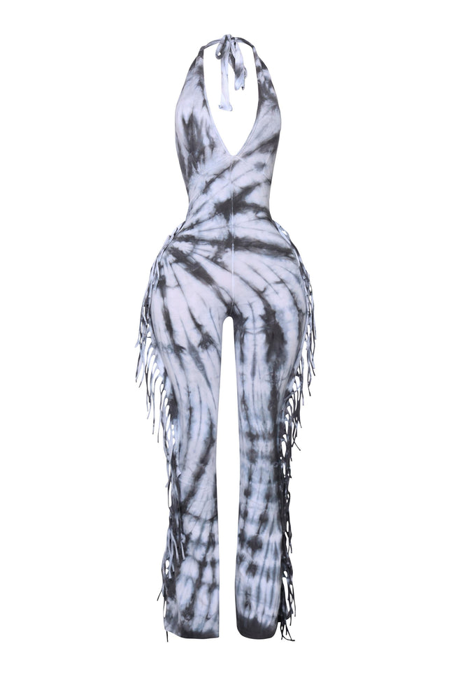 Tie dye fringed halter jumpsuit - Muvin 