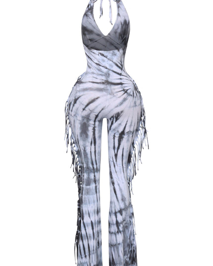 Tie dye fringed halter jumpsuit - Muvin 