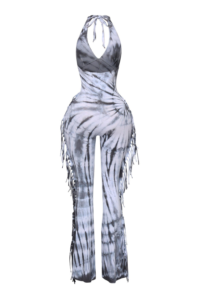 Tie dye fringed halter jumpsuit - Muvin 