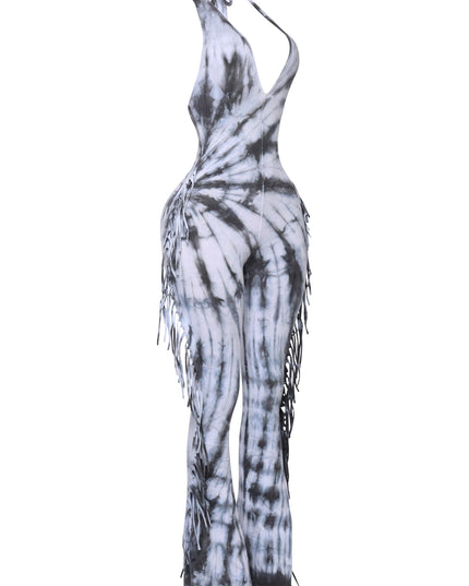 Tie dye fringed halter jumpsuit - Muvin 