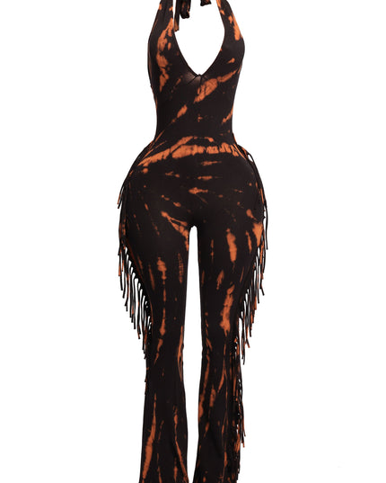 Tie dye fringed halter jumpsuit - Muvin 