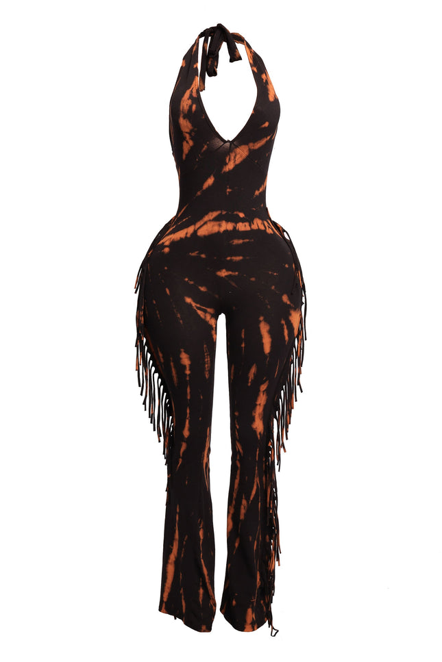 Tie dye fringed halter jumpsuit - Muvin 