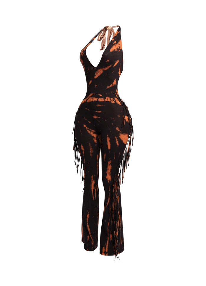 Tie dye fringed halter jumpsuit - Muvin 