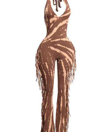 Tie dye fringed halter jumpsuit - Muvin 