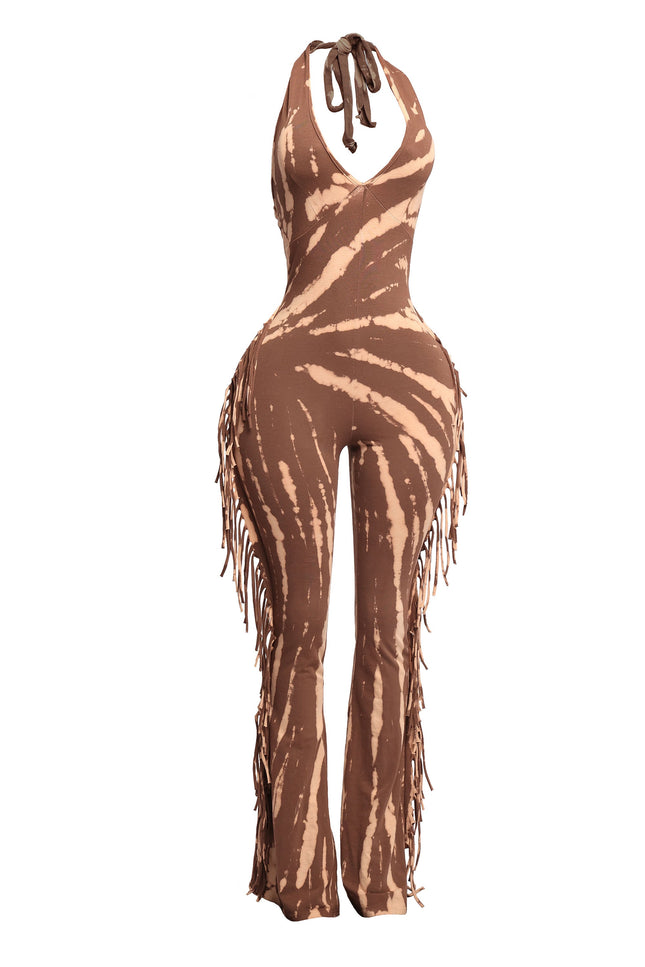 Tie dye fringed halter jumpsuit - Muvin 