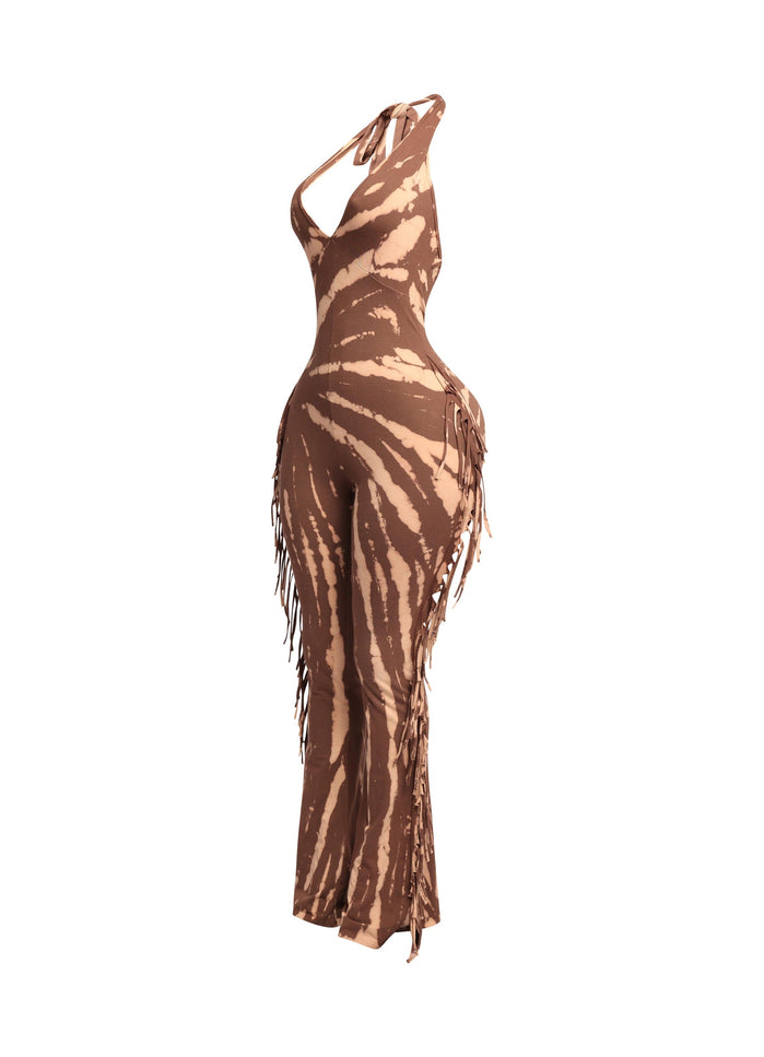Tie dye fringed halter jumpsuit - Muvin 