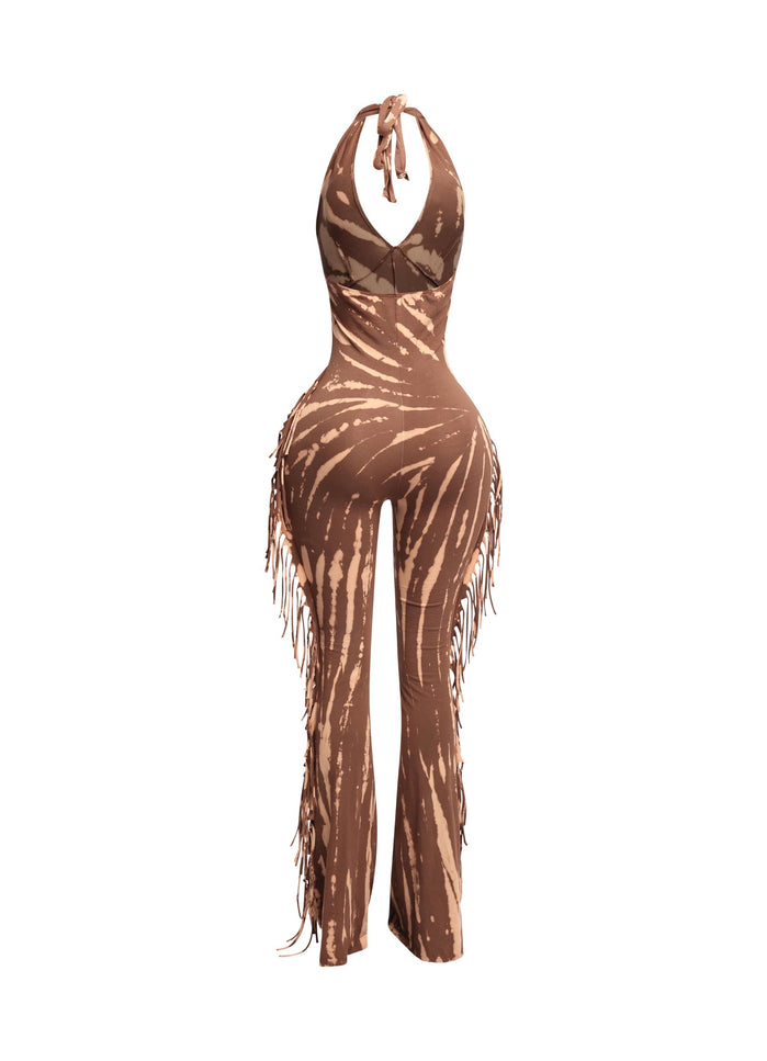 Tie dye fringed halter jumpsuit - Muvin 