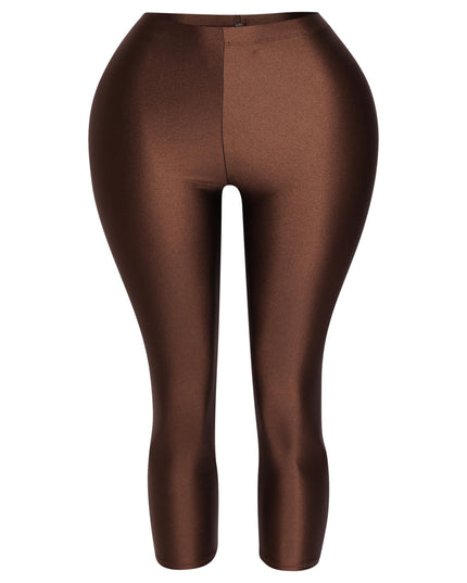 Chocolate brown capri leggings with glossy finish and body-hugging stretch

