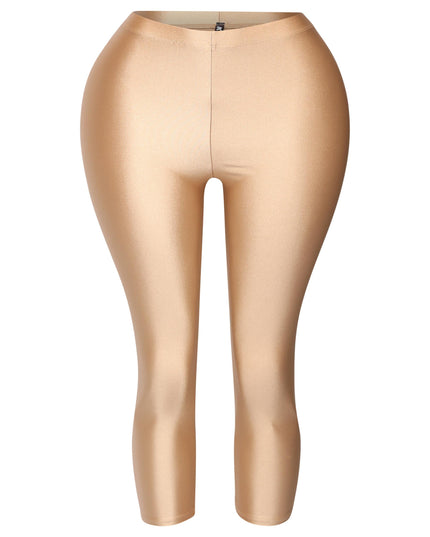 Metallic gold leggings with high-shine finish and capri cut

