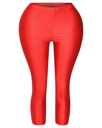 Bold red shiny capri leggings with high-rise waist and sleek finish

