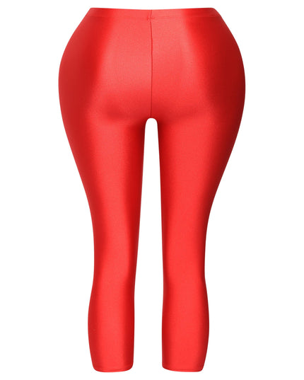 Red bodycon leggings with high shine texture and pull-on waistband

